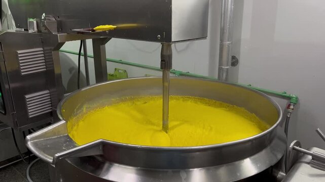 Custard filling being cooked and mixed in a steam-heated industrial kettle during food manufacturing operations. Continuous mixing process supporting product consistency, texture control, and large-sc
