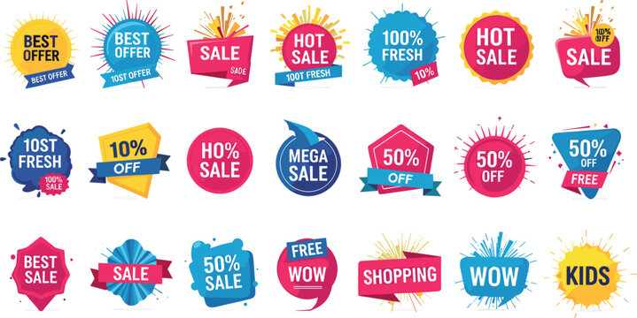 Commercial Sale Badge and Special Offer Label Vector Element Set Featuring Best Offer Hot Sale Mega Discounts Shopping and Promotional Banner StickersCommercial Sale Badge and Special Offer Label Vect