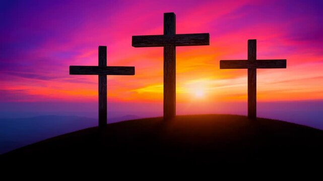 Three wooden crosses on a hill at colorful sunrise with vibrant sky and peaceful landscape
