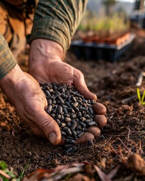 Closeup medium shot focusing on biochar pellets being carefully added to a reforestation trench by two hands with blurred compost windrows and native seedlings in the background