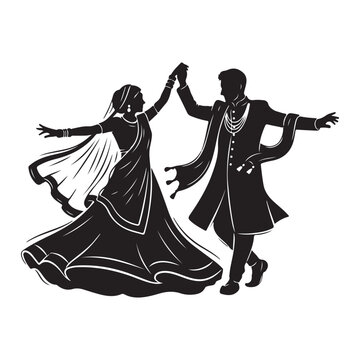 Indian wedding couple dancing silhouette vector with bride in lehenga and groom in sherwani for marriage celebration
