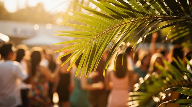 Tropical palm leaves with sunlight and blurred crowd enjoying outdoor summer event