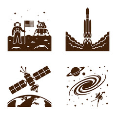 Set of space exploration icons including moon landing rocket launch © SHARI
