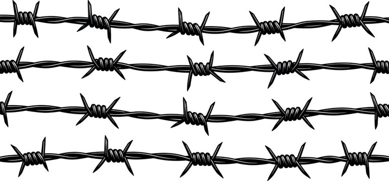 Detailed Black and White Barbed Wire Four Row Pattern Set with Sharp Thorns in Sketch Line Art Vector Illustration Style