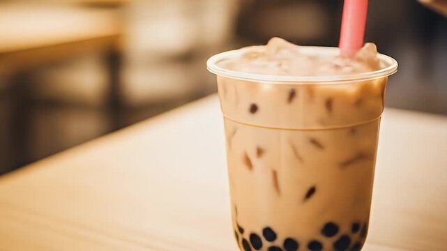 A plastic cup of bubble tea with tapioca balls and a pink straw sits on a wooden table