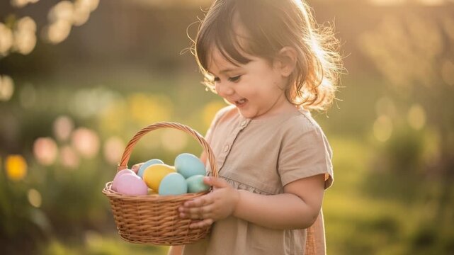 Happy toddler girl holding basket with colorful Easter eggs outdoors in spring garden