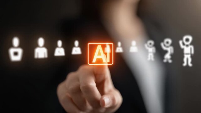 AI is selected on a human resource selection screen, depicting the impact of artificial intelligence on recruitment and the future of hiring. ..Created with Generative AI, not depicting real subjects.