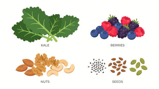 Healthy Food Ingredients Fresh Kale, Berries, Nuts, and Seeds for a Nutritious Diet