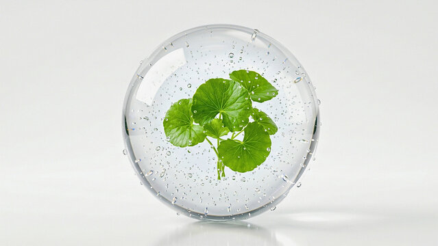 Botanical illustration of centella asiatica leaves inside a clear sphere on a white background.