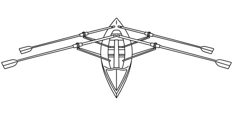 Top view of a racing rowing boat with oars in a simple black line art style © MituRani