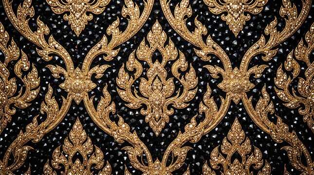 Luxurious golden Thai Kanok pattern with sparkling black diamonds and crystals background.