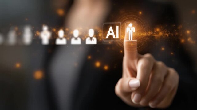 A finger presses a glowing button displaying AI next to a row of stylized human icons. ..Created with Generative AI, not depicting real subjects.