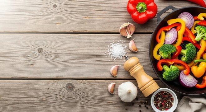 Fresh ingredients including red bell peppers, garlic, and coarse salt scattered on a rustic wooden tabletop