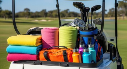 Golf Cart Laden with Assorted Accessories Ready for a Day on the Course