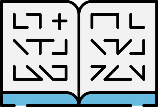 An open book displaying a variety of abstract symbols and glyphs, representing knowledge, learning, and coded language