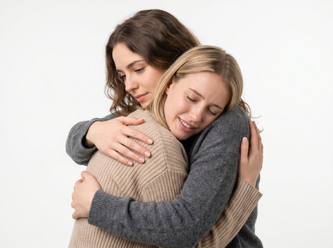 Two young women hugging and comforting each other overcoming anxiety and overthinking isolated on a clean white background for mental health support concepts
