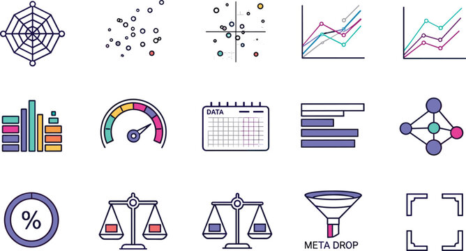 Data Analytics and Statistical Visualization Icons Set with Spider Chart, Scatter Plot, Line Graph, Balance Scale, and Meta Drop Filter Symbols for Research Design