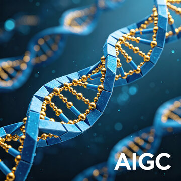 AIGC DNA Origami Plasma Waveguide, featuring the "AIGC" logo, gold nanoparticles arranged along DNA for self-assembly, and self-assembled nanophotonics.