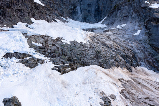 High Mountain Glacier and Snow-Covered Rock Face in BC, Canada With Jagged Ice and Crevices