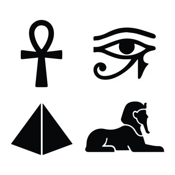 Ancient Egypt set &mdash; pyramid, sphinx, ankh, eye of horus icon Silhouette Vector black design on a white background