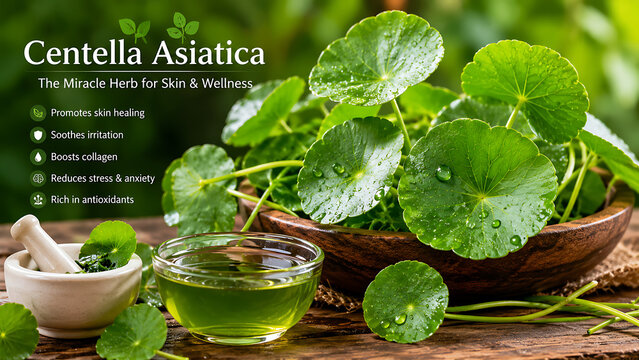 Fresh green Centella Asiatica leaves in wooden bowls with natural skincare ingredients on rustic table
