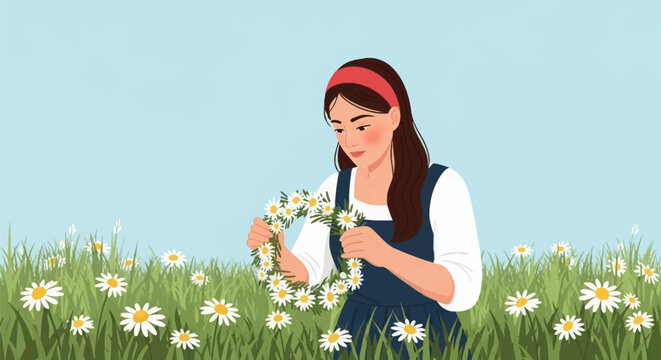 Flat vector illustration of a young woman with a red headband sitting in a green meadow, weaving a floral wreath from white daisy flowers under a clear blue sky.