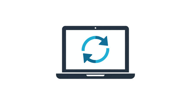 Laptop computer icon with a circular blue refresh sync arrow symbol on the display screen, vector illustration of system update, software reboot, or data synchronization process.