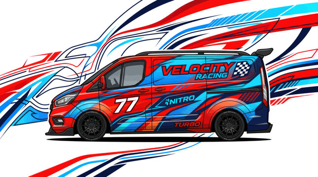 Speeding Van with Racing Graphics and Abstract Swirls