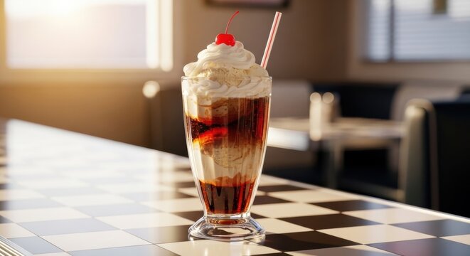 A classic soda float with whipped cream, cherry, and straw in a tall glass on a checkered counter