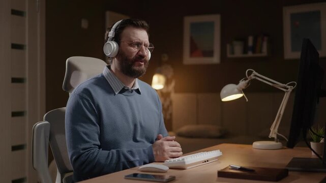 Man wearing headphones looks at computer screen or webcam and makes disapproving gestures showing disagreement