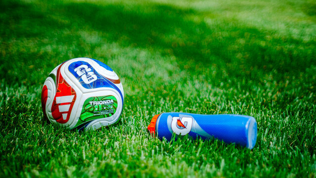 Fifa Adidas Trionda Soccer Ball, Hydration Break, Gatorade Sports Drink Bottle, Grass Field