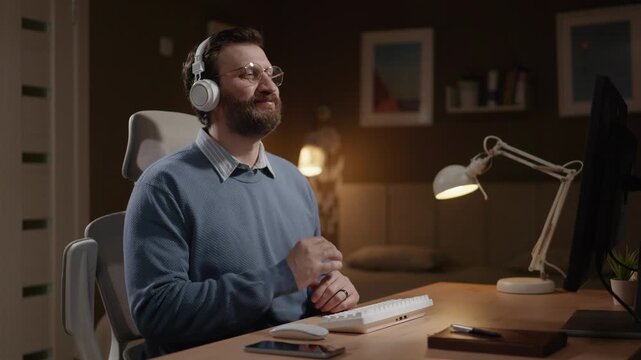 Man wearing headphones at computer makes respectful bow towards webcam when greeting or expressing his respect
