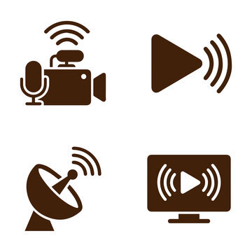 Set of broadcasting and media streaming technology icons with broadcast