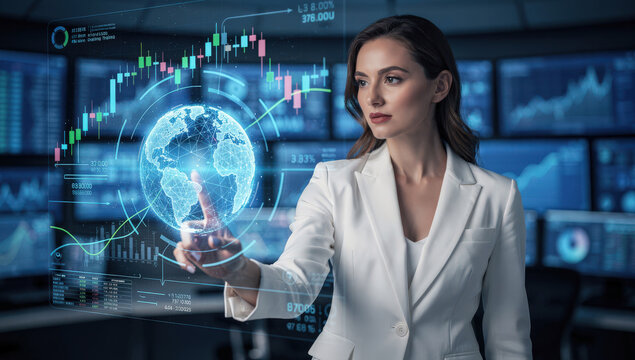 Businesswoman interacting with holographic stock market charts and global finance data in futuristic office