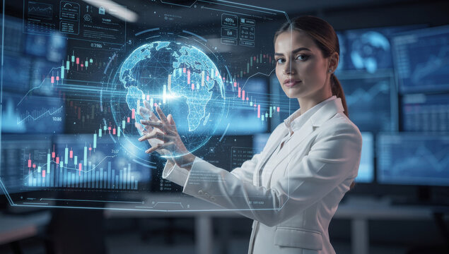 Businesswoman interacting with holographic stock market charts and global finance data in futuristic office