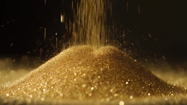 Glistening Golden Glitter, slowly falling and forming an illuminated sparkling pile against a dark luxurious background, creating a majestic