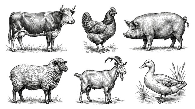 Vintage farm animals collection, hand drawn livestock sketches, rustic woodcut style cow pig sheep goat chicken and duck illustrations isolated PNG with Transparent Background