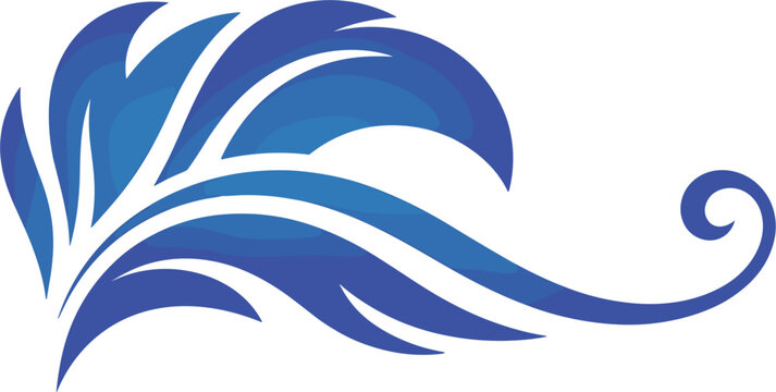 Blue ocean wave swirl vector ornament, elegant vintage feather flourish for coastal card border design