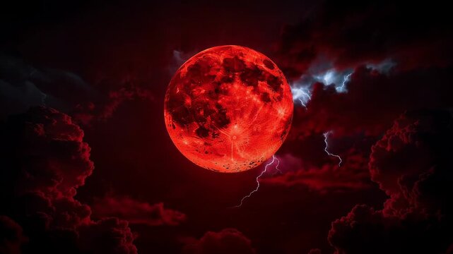 Dramatic red full moon with lightning storm and dark clouds in night sky