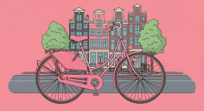 Vector illustration featuring a classic pink city bicycle parked in front of traditional Amsterdam canal houses with gabled facades and green trees on a pink background.