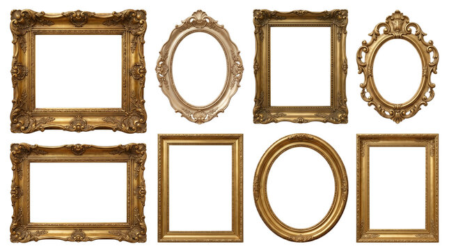Vintage gold picture frames collection, set of 8 ornate baroque frames, antique gilded wooden borders for gallery wall and interior decor isolated PNG with Transparent Background