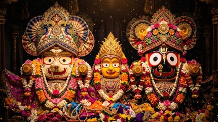 Fototapeta premium Divine deities jagannath baladeva and subhadra adorned with ornate jewelry and colorful floral garlands