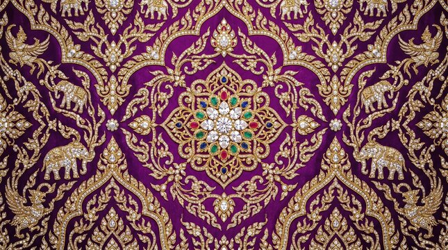 Luxury Royal Thai Heritage Pattern with Elephant and Mythical Bird Ornament on Purple Silk Background