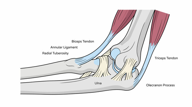Detailed illustration of human elbow joint anatomy showing bones and tendons from 4 key angles