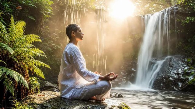 Solitary person practicing meditation in lotus position near a beautiful waterfall at sunrise