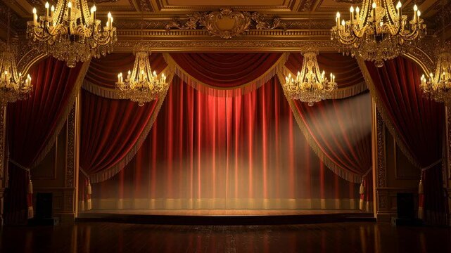 Elegant vintage theater stage with red velvet curtains and golden chandeliers illuminated by warm light