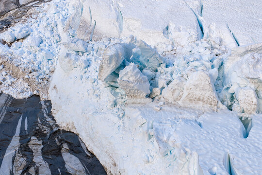 Close-Up View of Glacier Icefall and Crevasses on Rocky Coastal Glacier in BC, Canada