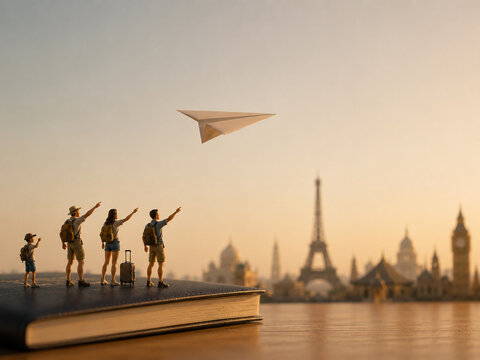 Miniature family watches a paper airplane flying over famous global landmarks at sunset.