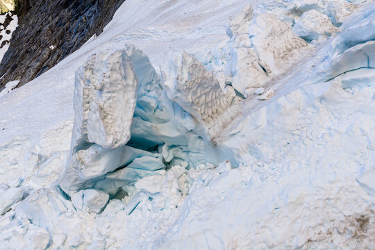 Close-Up Of Glacier Ice Formation And Snowfield On Mountain Slope In BC, Canada