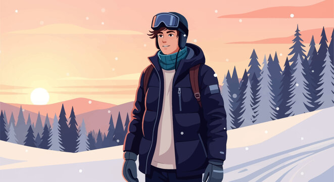 Vector illustration of a young man wearing a navy blue puffer jacket, ski goggles, and a backpack standing in a snowy mountain landscape with pine trees during a sunset sky.